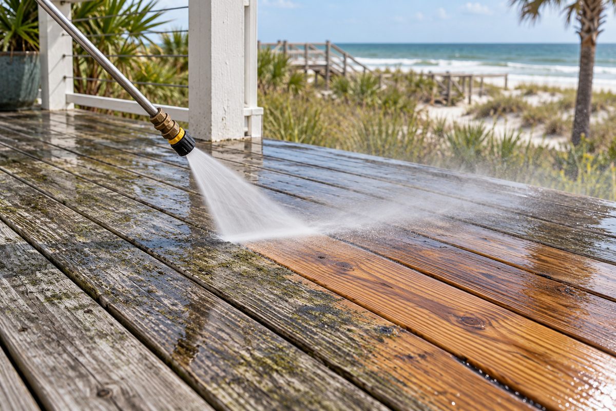 Pressure washing wand stripping dirt and mildew from weathered wooden deck planks