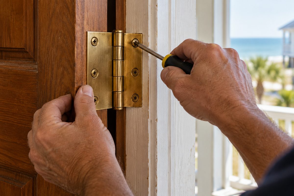 Aligning brass door hinge and mortise striker hardware with a precision driver