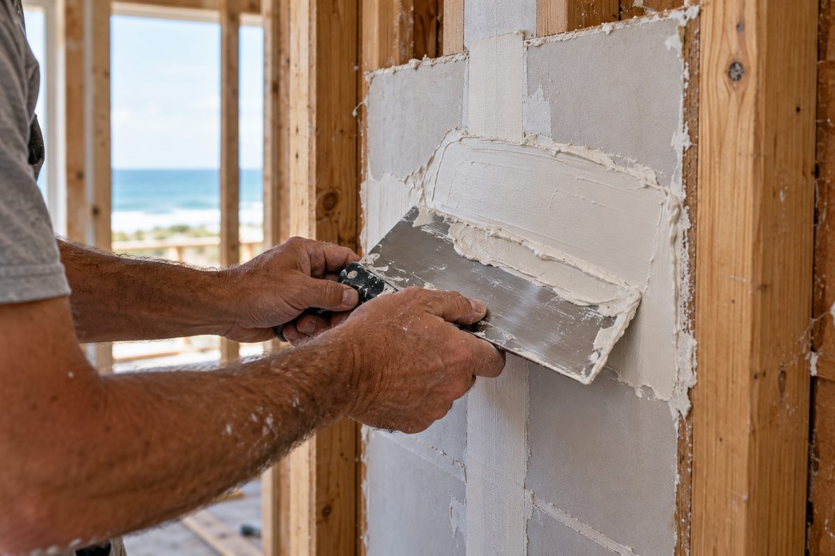 Tradesman applying joint compound over a newly cut drywall patch using a wide steel taping knife