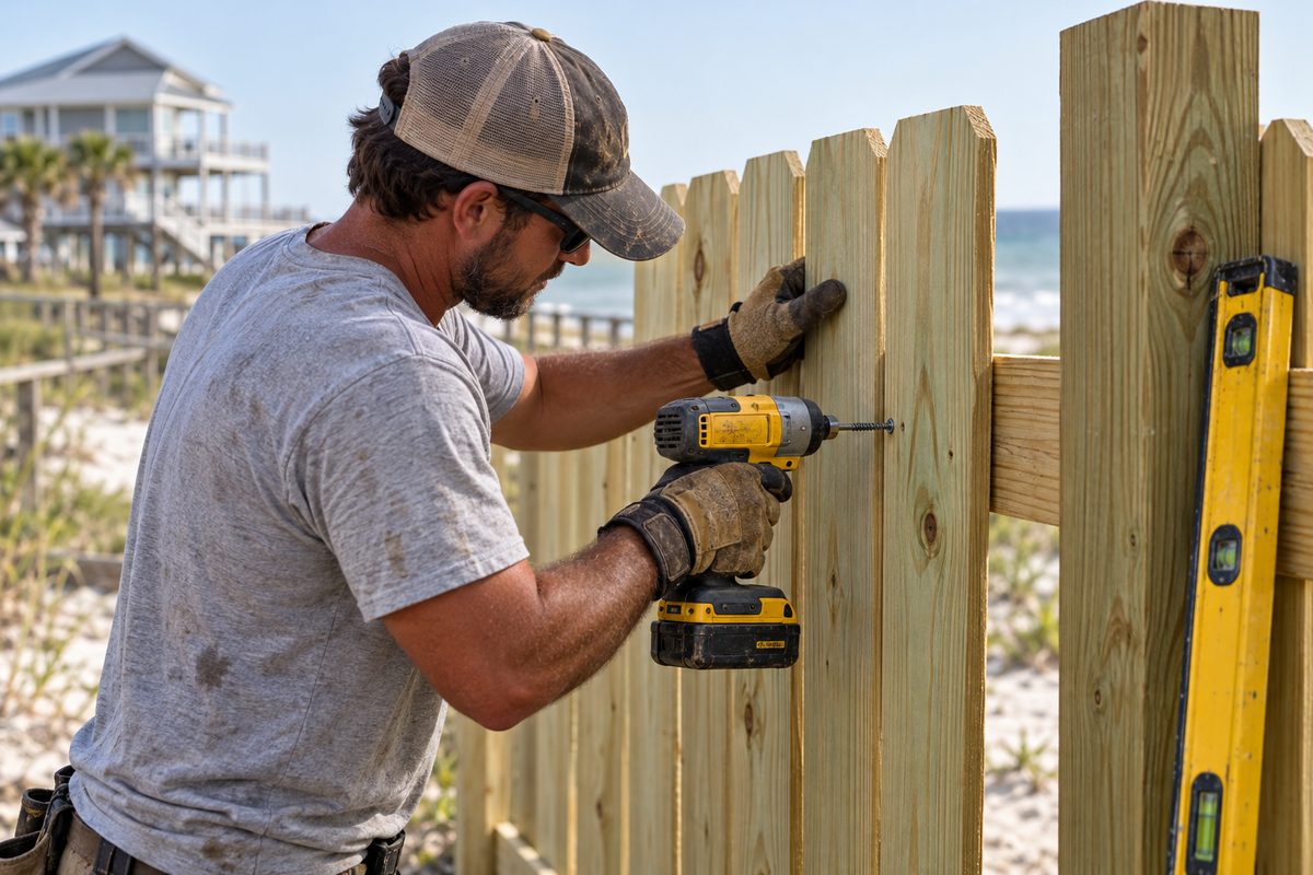 Fastening pressure-treated pine fence pickets with a cordless impact driver and spirit level