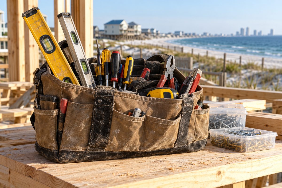Tradesman tool tray packed with levels, drivers, hand tools, and fastener boxes