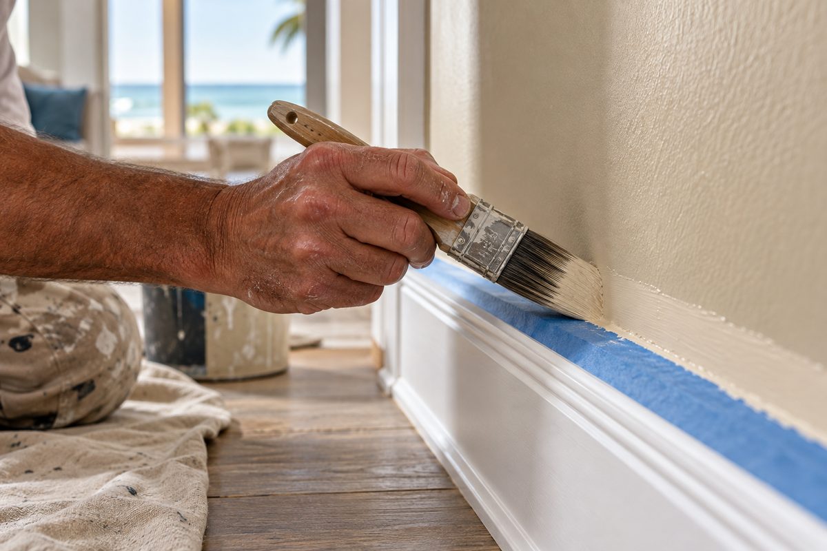 Cutting clean paint line along wooden trim with an angled sash brush