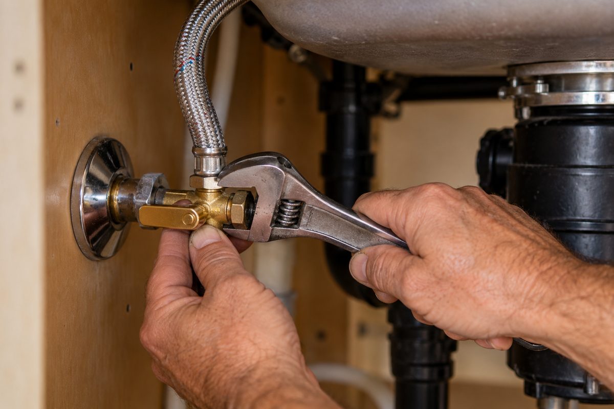 Tightening a brass angle shut-off valve and braided stainless supply line under a sink cabinet