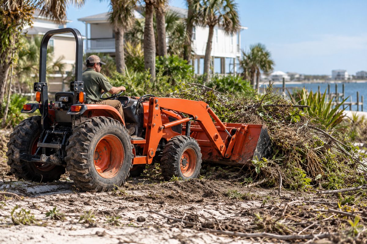Compact utility tractor with loader bucket clearing brush and overgrown yard ground