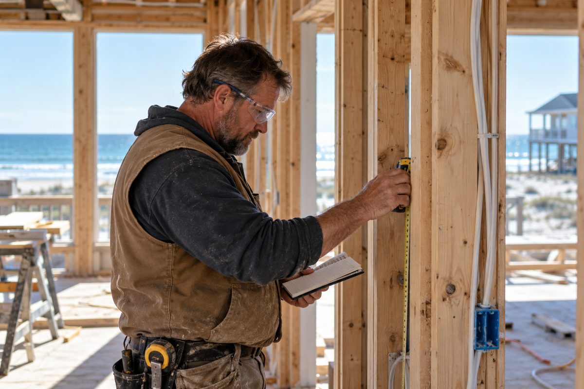 Ivan Petrov inspecting timber framing and wall alignment on site in Gulf Shores